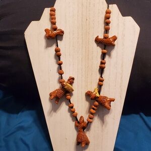 Vintage Handcrafted Carved Terracotta Figurine Whistle Fetish Necklace